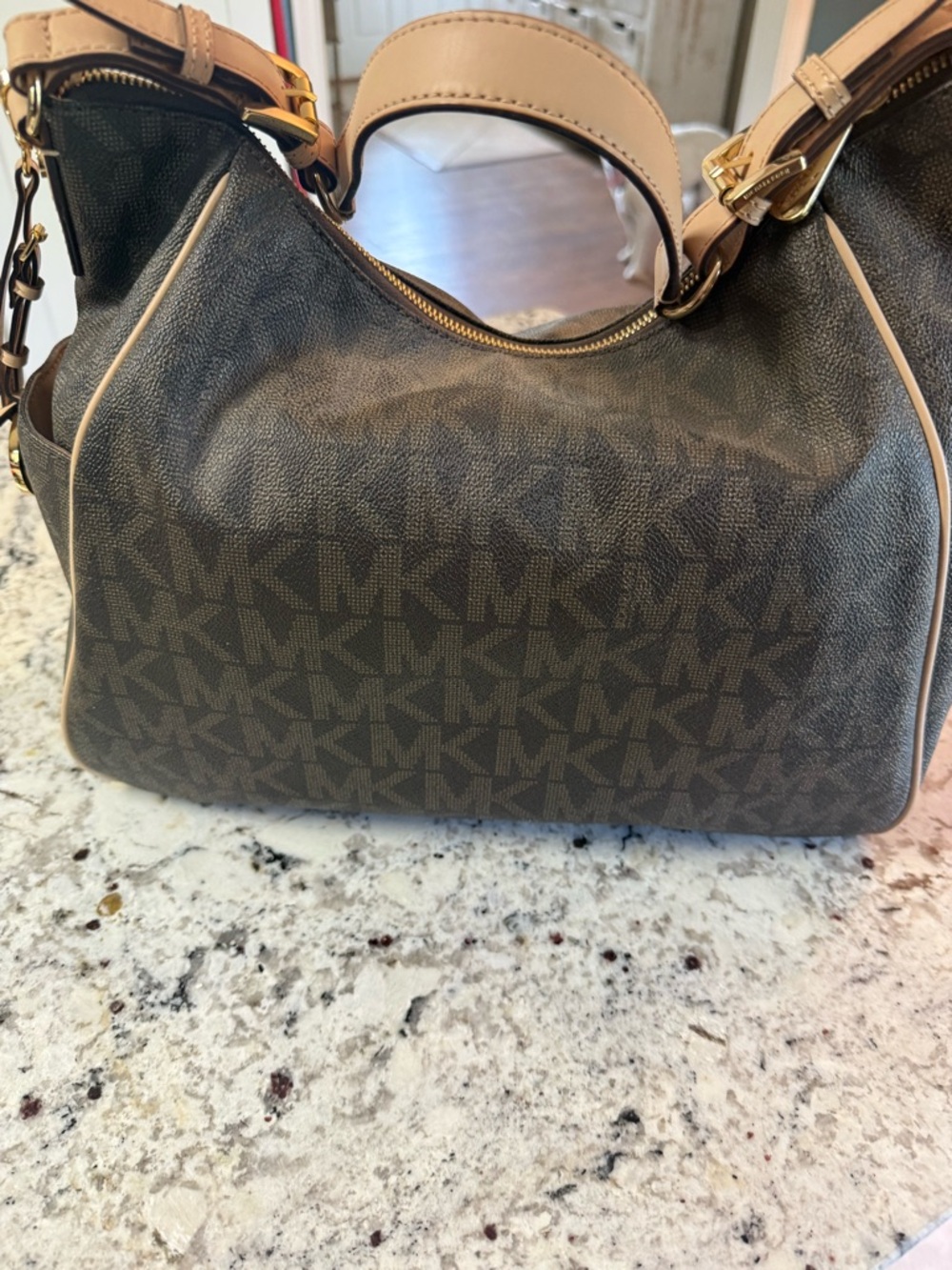 Michael Kors Brown Signature Logo Shoulder Bag with Tan Trim - Picture 3 of 8